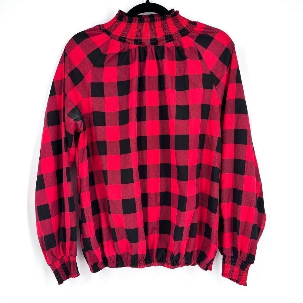 Red Buffalo Plaid Blouse Smocked‎ Neck & Cuffs Long Sleeve Medium M